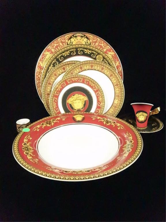72 PC ROSENTHAL CHINA VERSACE MEDUSA CHINA SERVICE FOR: 72 PC ROSENTHAL CHINA VERSACE MEDUSA CHINA SERVICE FOR 8, EACH PLACE SETTING INCLUDES 12" SERVICE PLATE, 10.5" PLATE, 2 8.5" SALAD/DESSERT PLATES, 12" BOWL, CUP, SAUCER & NAPKIN RING, SKU692