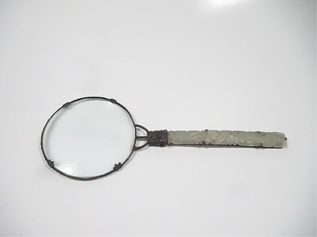 CHINESE JADE HANDLED MAGNIFYING GLASS, SILVER, APPROX: CHINESE JADE HANDLED MAGNIFYING GLASS, SILVER, APPROX 5.5"L