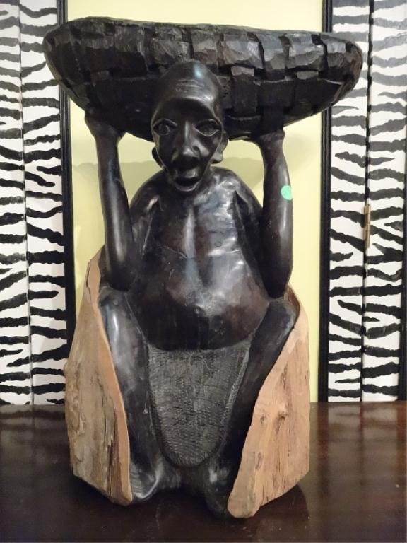 LARGE AFRICAN EBONY WOOD STATUE, SEATED MAN WITH: LARGE AFRICAN EBONY WOOD STATUE, SEATED MAN WITH BASKET, EXCELLENT CONDITION, 22"H X 11"W, SKU744.18