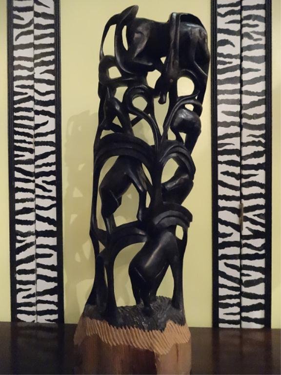 LARGE AFRICAN CARVED EBONY SCUPTURE, ANIMAL FIGURAL: LARGE AFRICAN CARVED EBONY SCUPTURE, ANIMAL FIGURAL GROUP WITH TREES, 30"H, SKU744.63