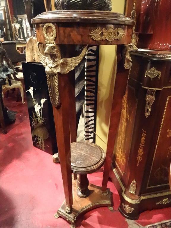 FRENCH EMPIRE STYLE PEDESTAL, MARBLE TOP, GILT BRONZE: FRENCH EMPIRE STYLE PEDESTAL, MARBLE TOP, GILT BRONZE MOUNTS AND EAGLES, LION'S PAW FEET, EXCELLENT OVERALL CONDITION WITH SMALL REPAIR TO ONE FOOT, APPROX 5'H, SKU746.2