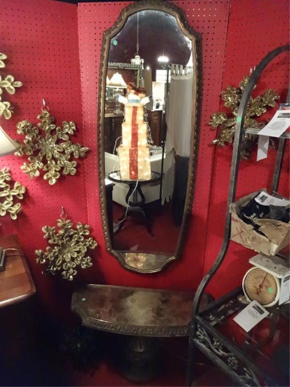 ORNATE MID CENTURY FOYER MIRROR AND TABLE, OVERALL: ORNATE MID CENTURY FOYER MIRROR AND TABLE, OVERALL HEIGHT APPROX 6.5'H, SKU711.15