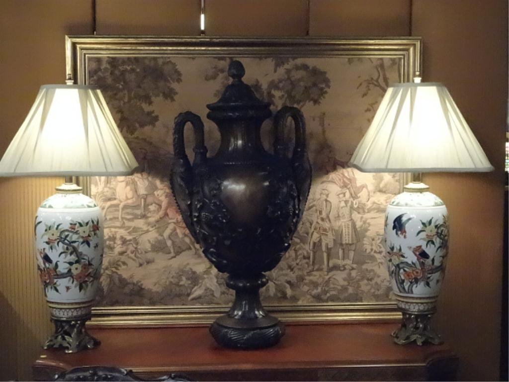 PAIR MAITLAND SMITH PORCELAIN AND BRONZE LAMPS, PAINTED: PAIR MAITLAND SMITH PORCELAIN AND BRONZE LAMPS, PAINTED BIRDS AND FLORALS, ORNATE GILT BRONZE BASES, PLEATED SHADES, OVERALL VERY GOOD CONDITION, ONE LAMP HAS A CRACK ON SIDE AS SHOWN IN PHOTO, APPROX