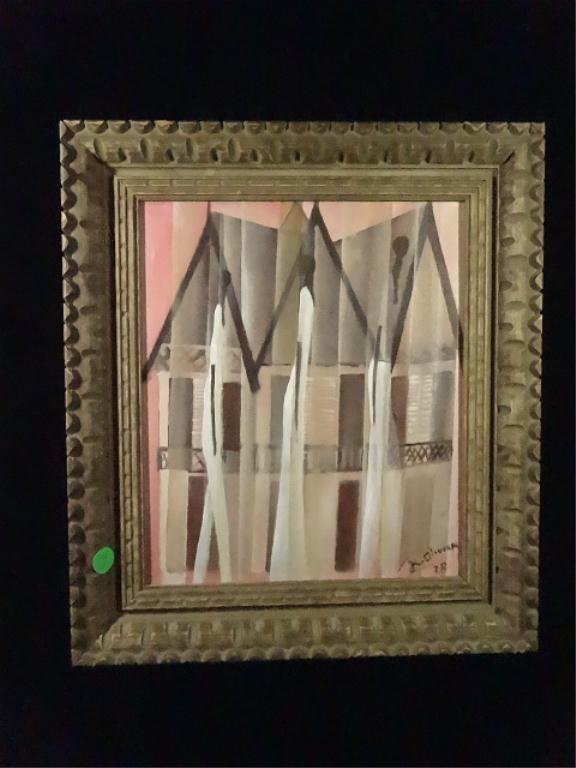 CUBIST PAINTING ON CANVAS, HOUSE, SIGNED LOWER RIGHT,: CUBIST PAINTING ON CANVAS, HOUSE, SIGNED LOWER RIGHT, APPROX 15.5" X 13.75" FRAMED, SKU746.19