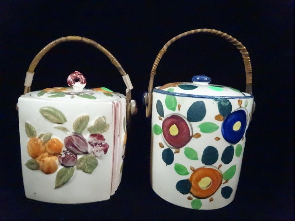 2 COVERED POTS WITH LIDS, WICKER HANDLES, SOLD: 2 COVERED POTS WITH LIDS, WICKER HANDLES, SOLD TOGETHER, LARGER APPROX 6.5"H (APPROX 9"H WITH HANDLE UP), SKU674.14