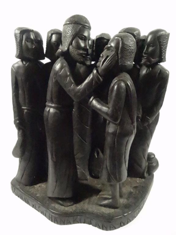 AFRICAN CARVED WOOD EBONY FIGURAL GROUP, DATED 2003,: AFRICAN CARVED WOOD EBONY FIGURAL GROUP, DATED 2003, SIGNED TADEI FUNDIMINTINDO, APPROX 9" X 8", SKU744.81