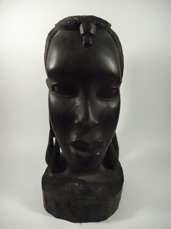 AFRICAN CARVED WOOD EBONY FEMALE BUST WITH LONG: AFRICAN CARVED WOOD EBONY FEMALE BUST WITH LONG EARRINGS, APPROX 13.25"H, SKU744.55