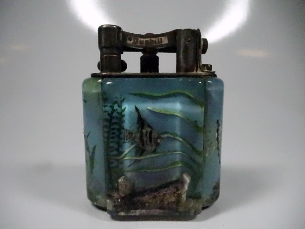 RARE DUNHILL SERVICE SIZE LIGHTER, AQUARIUM DESIGN,: RARE DUNHILL SERVICE SIZE LIGHTER, AQUARIUM DESIGN, CIRCA 1950'S BY BEN SHILLINGFORD FOR DUNHILL, REVERSE CARVED PERSPEX PANELS, INTAGLIO PAINTED, DAMAGE TO ONE PANEL, APPROX 2.75" X 2.25", SKU9667.12