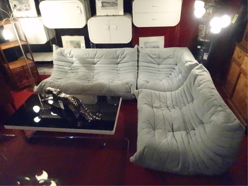 LIGNE ROSET "TOGO" SECTIONAL SOFA, DESIGNER MICHEL: LIGNE ROSET "TOGO" SECTIONAL SOFA, DESIGNER MICHEL DUCAROY FOR FRENCH MAKER LIGNE ROSET, 3 PIECES, PALE BLUE UPHOLSTERY, PIECES CAN BE USED SEPARATELY, MEASUREMENTS AS SHOWN 106" X 87",SKU751