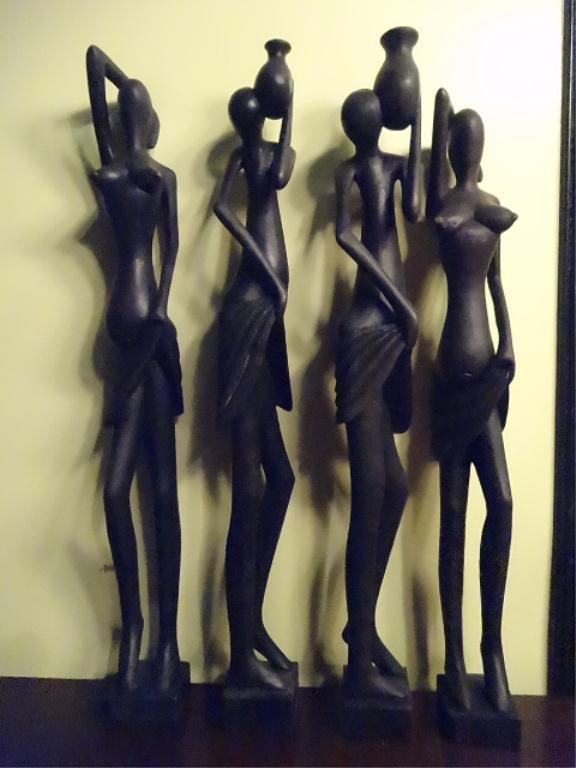 4 PC AFRICAN CARVED WOOD STATUES, FEMALE FIGURES, EBONY: 4 PC AFRICAN CARVED WOOD STATUES, FEMALE FIGURES, EBONY FINISH, TALLEST APPROX 18"H