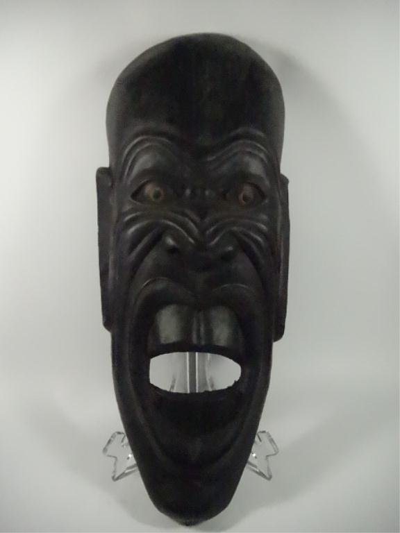 AFRICAN CARVED WOOD EBONY MASK, APPROX 18.5" X 8.5",: AFRICAN CARVED WOOD EBONY MASK, APPROX 18.5" X 8.5", ACRYLIC STAND NOT INCLUDED, SKU744