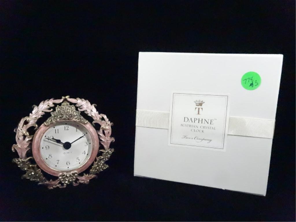 CRYSTAL CLOCK WITH AUSTRIAN CRYSTAL & ENAMELED DETAIL,: CRYSTAL CLOCK WITH AUSTRIAN CRYSTAL & ENAMELED DETAIL, DAPHNE BY TWO'S COMPANY, APPROX 4.25" ROUND, WITH ORIGINAL BOX