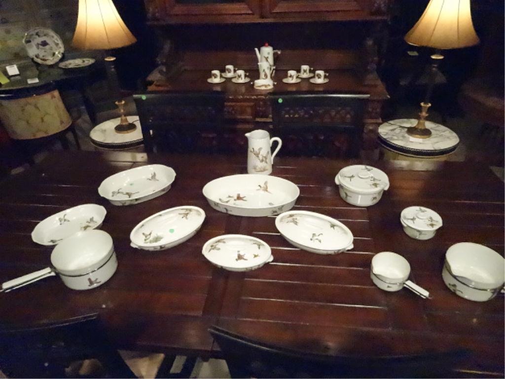 12 PC LIMOGES FRANCE CHINA SERVING PIECES, GAME BIRD: 12 PC LIMOGES FRANCE CHINA SERVING PIECES, GAME BIRD DESIGN, INCLUDES PITCHER, 2 COVERED ROUND BOWLS, 3 COVERED OVAL BOWLS, OVAL CASSEROLE, 2 CASSEROLES & 3 POTS WITH POUR SPOUTS
