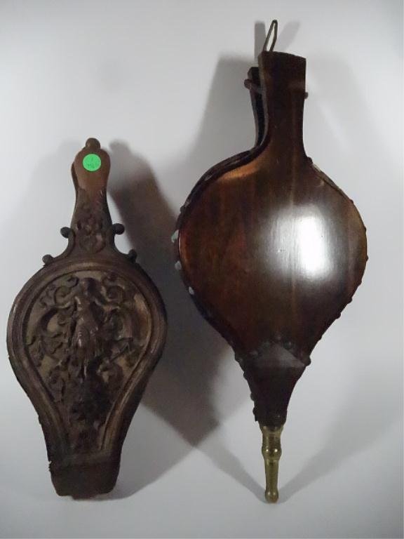 2 ANTIQUE FIRE BELLOWS, ONE FRENCH CIRCA 1790 (MISSING: 2 ANTIQUE FIRE BELLOWS, ONE FRENCH CIRCA 1790 (MISSING NOZZLE), LARGER APPROX 17.75"L