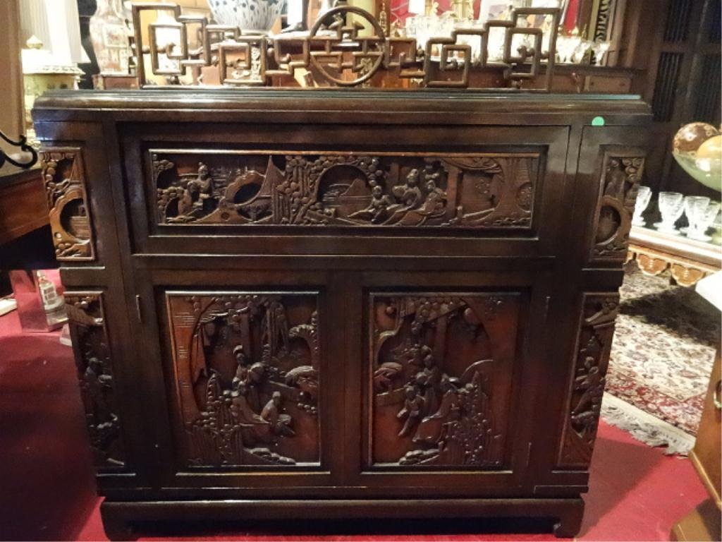 CHINESE CARVED WOOD BAR CABINET, 2 DOOR LOWER CABINET,: CHINESE CARVED WOOD BAR CABINET, 2 DOOR LOWER CABINET, 2 DOORS ON EACH SIDE WITH STEMWARE RACKS AND SHELVES, GLASS INSET TOP, APPROX 4'W X 4'H, SKU714, SKU714