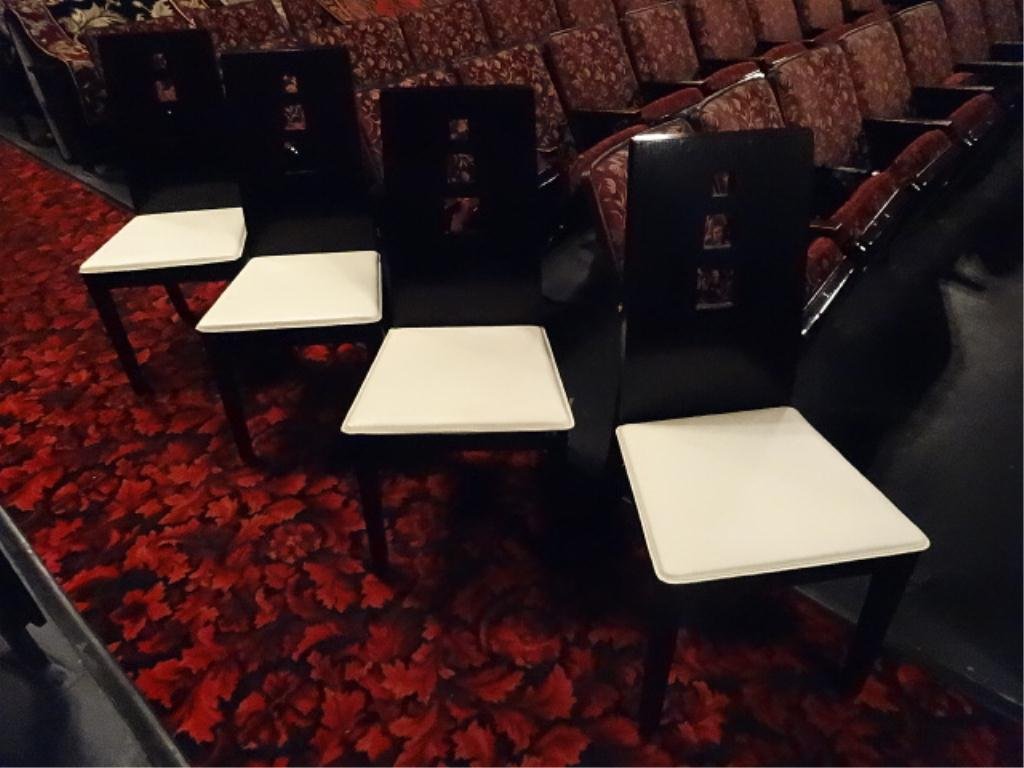 4 MODERN DINING CHAIRS, WHITE LEATHER SEATS, ESPRESSO: 4 MODERN DINING CHAIRS, WHITE LEATHER SEATS, ESPRESSO FINISH FRAMES WITH CUTOUTS ON SEAT BACKS