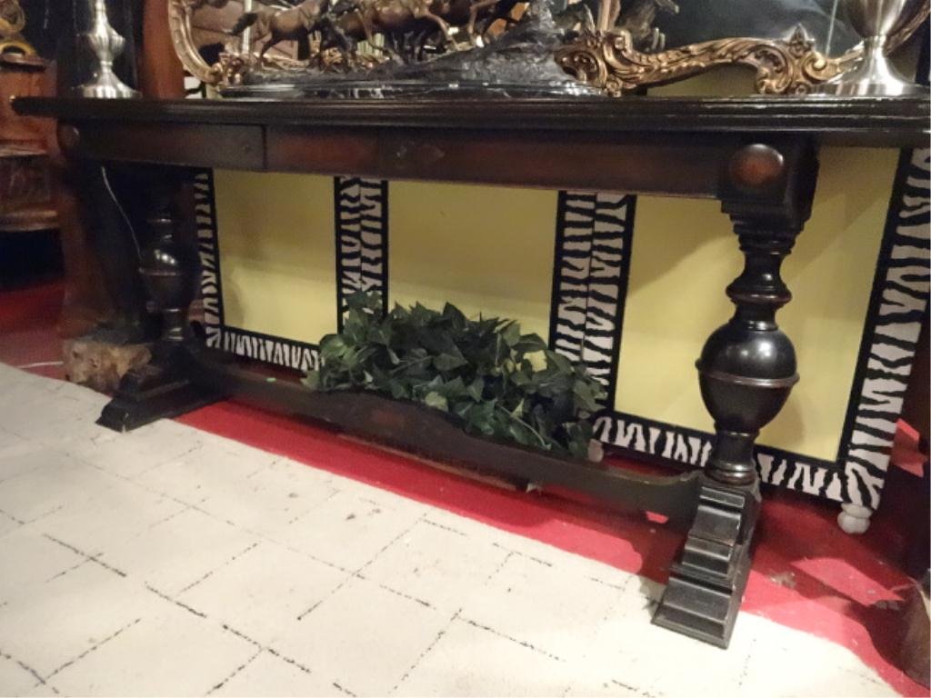 ANTIQUE TUDOR STYLE LIBRARY CONSOLE TABLE, SINGLE: ANTIQUE TUDOR STYLE LIBRARY CONSOLE TABLE, SINGLE DRAWER, INLAID WOOD, TURNED LEGS JOINED BY STRETCHER, EXCELLENT CONDITION, APPROX 5'W, SKU673.01