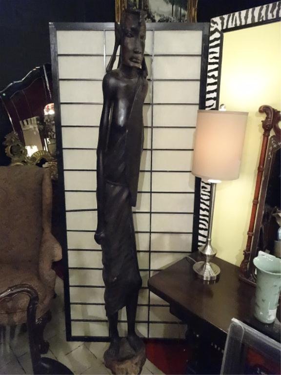 HUGE 7 FT AFRICAN MASAI EBONY WOOD STATUE, FIGURE WITH: HUGE 7 FT AFRICAN MASAI EBONY WOOD STATUE, FIGURE WITH SHIELD, SOLID EBONY, EXCELLENT CONDITION (MISSING SPEAR), SKU744.5