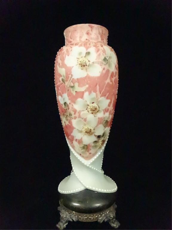 C.F. MONROE KELVA GLASS VASE, GILT BRASS FOOTED: C.F. MONROE KELVA GLASS VASE, GILT BRASS FOOTED GARNITURE VASE, CHERRY BLOSSOM DESIGN, APPROX 8.5"H, SKU731.06