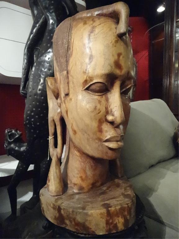 HUGE AFRICAN CARVED WHITE EBONY BUST, SOLID WOOD, 31"H,: HUGE AFRICAN CARVED WHITE EBONY BUST, SOLID WOOD, 31"H, SKU744.8