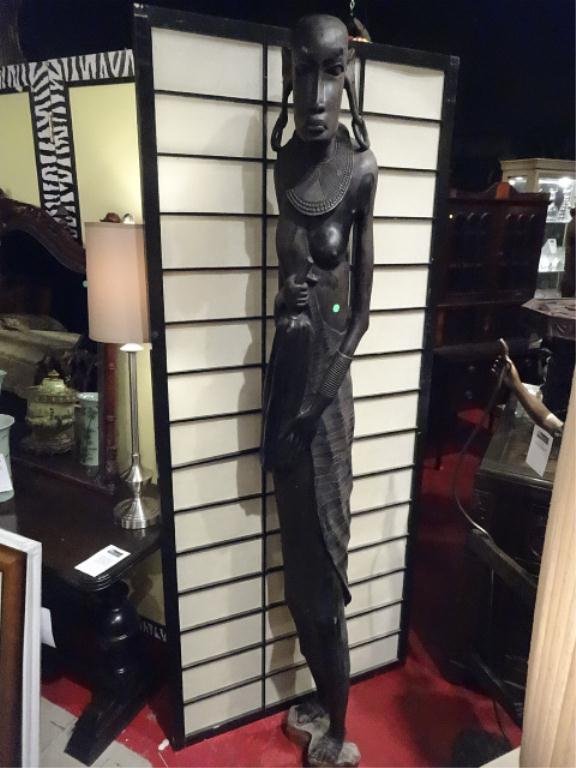 HUGE 7 FT AFRICAN MASAI EBONY STATUE, SOLID EBONY: HUGE 7 FT AFRICAN MASAI EBONY STATUE, SOLID EBONY FIGURE CARRYING GOURD, EXCELLENT CONDITION, SKU744.6