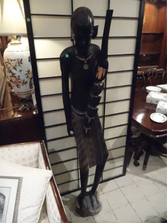 HUGE AFRICAN EBONY WOOD STATUE, MAN CARRYING BUNCH OF: HUGE AFRICAN EBONY WOOD STATUE, MAN CARRYING BUNCH OF BANANAS, SOLID EBONY, EXCELLENT CONDITION, 5'8"H, SKU744.1