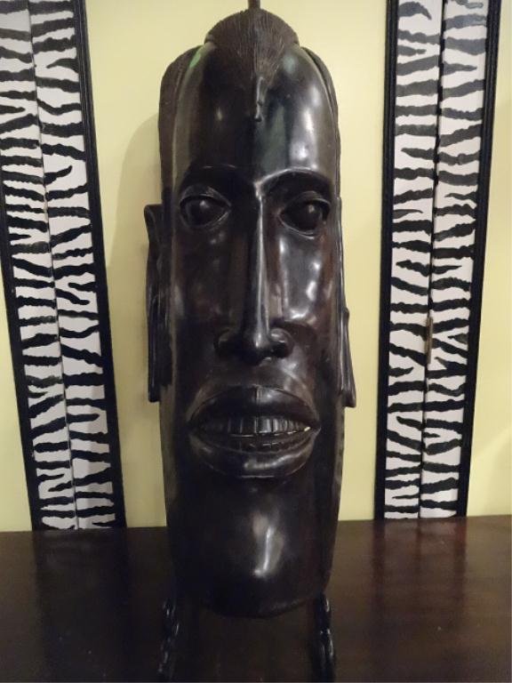 LARGE AFRICAN EBONY WOOD MASK, SOLID EBONY, EXCELLENT: LARGE AFRICAN EBONY WOOD MASK, SOLID EBONY, EXCELLENT CONDITION, 29"H X 11"W, SKU744.7
