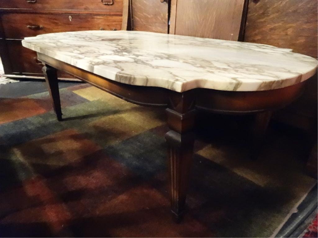 NEOCLASSICAL MARBLE TOP COFFEE TABLE, WOOD BASE, FLUTED: NEOCLASSICAL MARBLE TOP COFFEE TABLE, WOOD BASE, FLUTED LEGS, APPROX 3.5'W, SKU654.05
