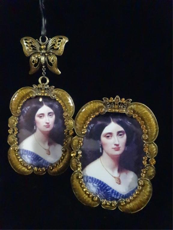 2 PICTURE FRAMES, CRYSTAL & ENAMEL, CROWN DETAIL,: 2 PICTURE FRAMES, CRYSTAL & ENAMEL, CROWN DETAIL, STANDING FRAME APPROX 3 3/8" X 2 3/8", HANGING FRAME APPROX 5" X 2 3/8"