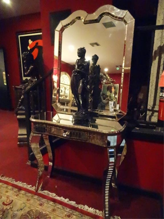 VENETIAN STYLE MIRRORED CONSOLE TABLE AND MIRROR,: VENETIAN STYLE MIRRORED CONSOLE TABLE AND MIRROR, CABRIOLE LEGS, GOLD ACCENTS, SINGLE DRAWER WITH CRYSTAL PULL, TABLE APPROX 32"H X 3.5'W, MIRROR APPROX 35"H