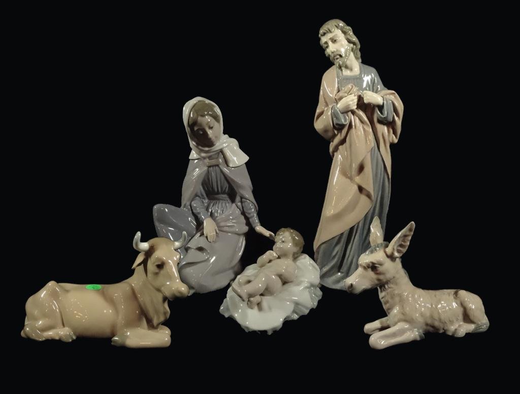 5 PC NAO SPANISH PORCELAIN NATIVITY SET, INCLUDES: 5 PC NAO SPANISH PORCELAIN NATIVITY SET, INCLUDES JESUS, MARY, JOSEPH, COW & DONKEY; MARY APPROX 7"H, JESUS APPROX 2.5" X 3.75", JOSEPH APPROX 11"H, COW & DONKEY APPROX 4.5" X 7"