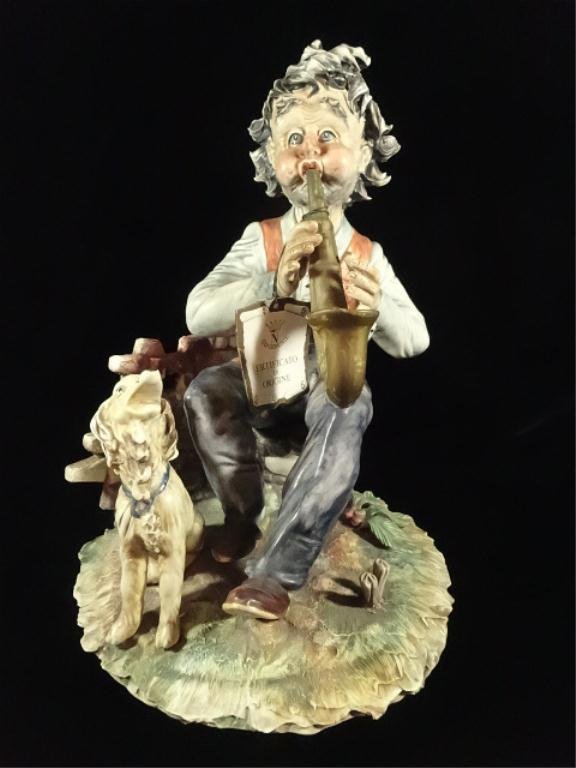 CAPODIMONTE PORCELAIN FIGURINE, SAXOPHONE PLAYER,: CAPODIMONTE PORCELAIN FIGURINE, SAXOPHONE PLAYER, MARKED, APPROX 13"H