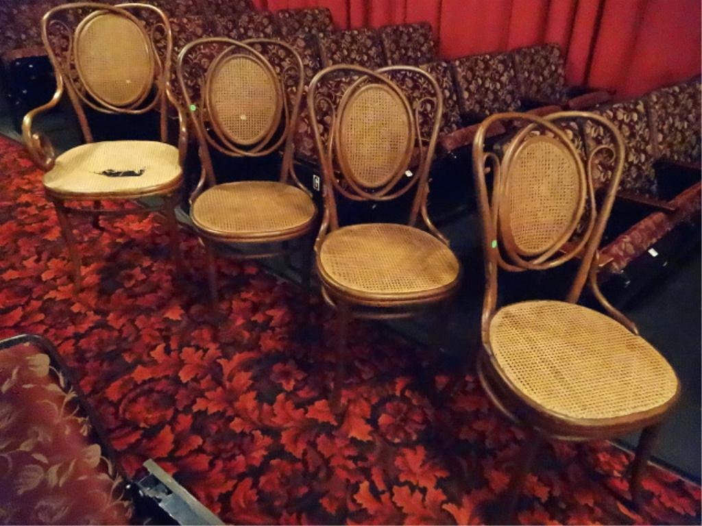 4 ANTIQUE THONET BENTWOOD CHAIRS: 4 ANTIQUE THONET BENTWOOD CHAIRS, CANE SEATS, 1 ARMCHAIR WITH PAPER THONET LABEL, 3 SIDE CHAIRS STAMPED THONET, VERY GOOD CONDITION, CANE SEAT ON ONE HAS TEAR (SEE PHOTOS)