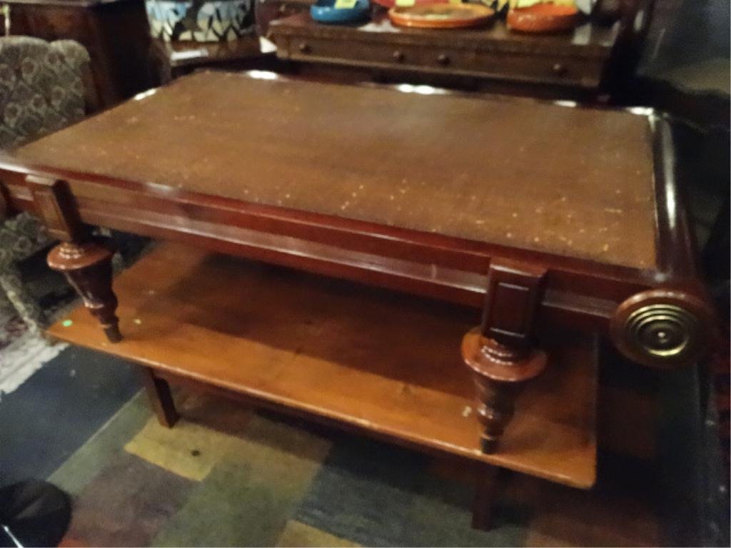 WOOD COFFEE TABLE, WICKER INSET TOP, LARGE BRASS: WOOD COFFEE TABLE, WICKER INSET TOP, LARGE BRASS MEDALLIONS, APPROX 4.5" X 3', SKU774.04