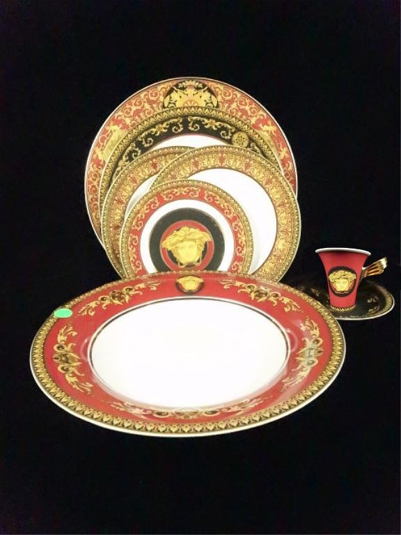 32 PC ROSENTHAL CHINA VERSACE MEDUSA CHINA SERVICE FOR: 32 PC ROSENTHAL CHINA VERSACE MEDUSA CHINA SERVICE FOR 4, EACH PLACE SETTING INCLUDES 12" SERVICE PLATE, 10.5" PLATE, 2 8.5" SALAD/DESSERT PLATES, 12" BOWL, CUP & SAUCER, SKU692