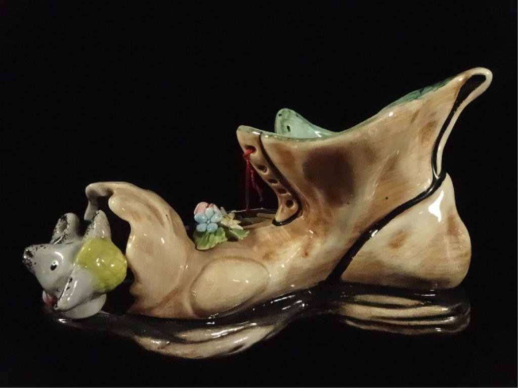 CAPODIMONTE PORCELAIN OLD SHOE WITH PUPPY IN TOE,: CAPODIMONTE PORCELAIN OLD SHOE WITH PUPPY IN TOE, MARKED, WITH CERTIFICATE, APPROX 6.25" X 11", SKU790.05