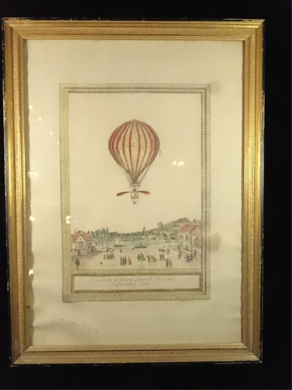 CHARLES DUPONT HAND COLORED ETCHING, HOT AIR BALLOON,: CHARLES DUPONT HAND COLORED ETCHING, HOT AIR BALLOON, "L'ASCENSION DE VINCENT LONARDI, VENITIEN A LONDRES, 1784", V. LEVALLOIS EDIT. PARIS 1790, APPROX 20.5" X 15.5" FRAMED, SKU494.41