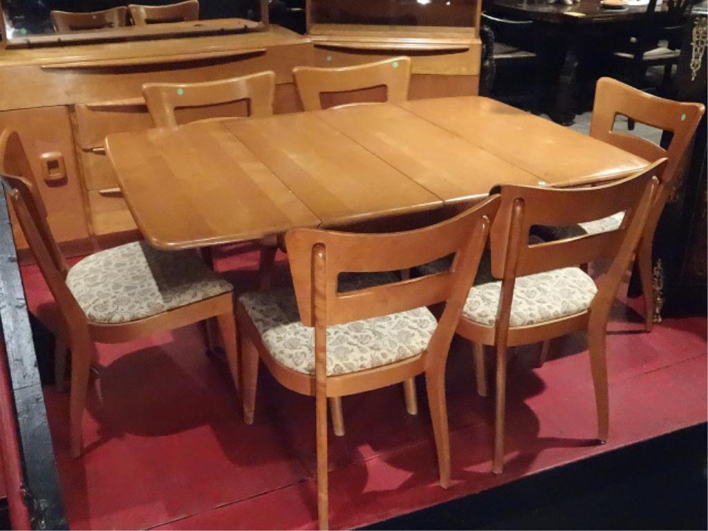HEYWOOD WAKEFIELD ENCORE DINING TABLE WITH 6 CHAIRS,: HEYWOOD WAKEFIELD ENCORE DINING TABLE WITH 6 CHAIRS, AND 2 LEAVES, CIRCA 1950, SOLID MAPLE, CHAMPAGNE FINISH, DROPLEAF DINING TABLE HAS 3 LEG WISHBONE BASE, MATCHING CABINET AND BUFFET ALSO IN THIS AU