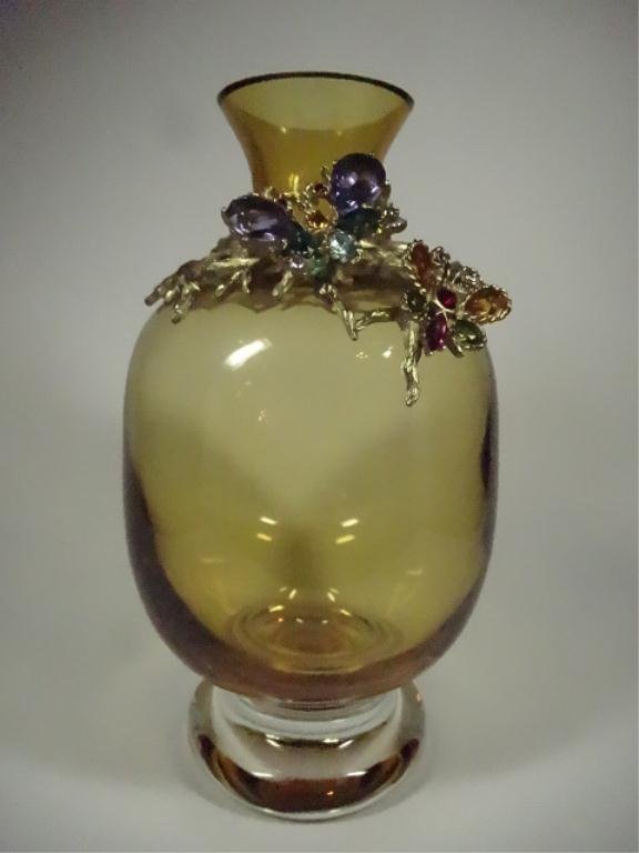 JAY STRONGWATER AMBER VASE, BUTTERFLY DESIGN, APPROX: JAY STRONGWATER AMBER VASE, BUTTERFLY DESIGN, APPROX 8.25"H, SKU692