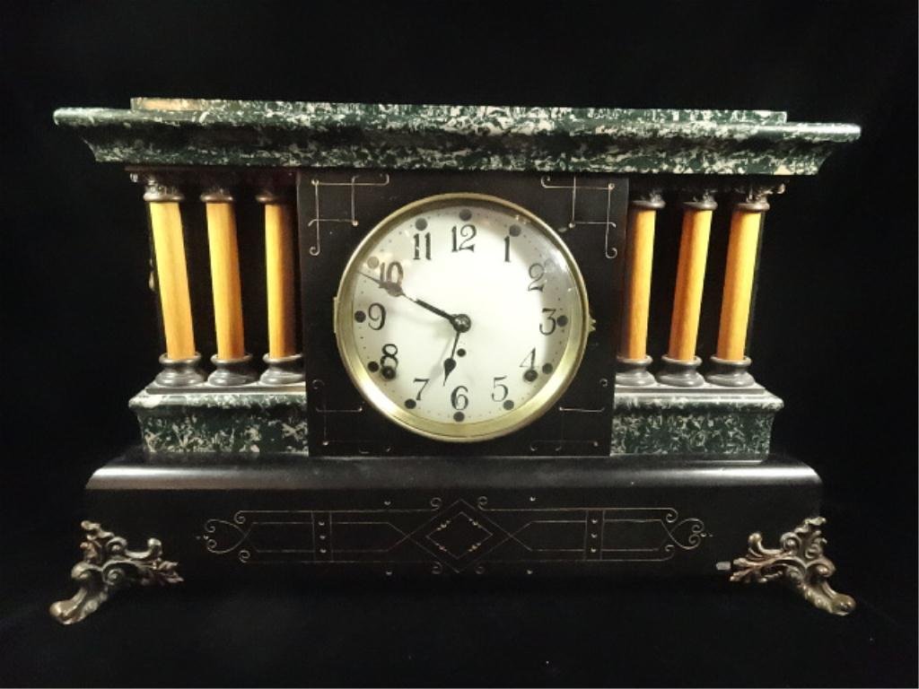 SETH THOMAS ADAMANTINE MANTLE CLOCK, WOOD CASE WITH: SETH THOMAS ADAMANTINE MANTLE CLOCK, WOOD CASE WITH MARBLE FINISH TOP AND WOOD COLUMNS, BRASS LIONS HEADS, INCLUDES KEYS, 11.25" X 18" X 7", SKU806.01