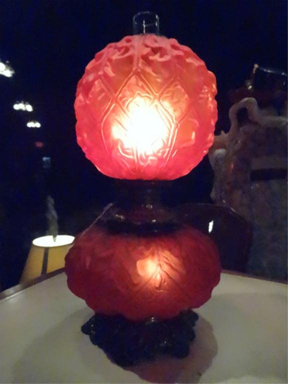 RED SATIN GLASS HURRICANE GONE WITH THE WIND LAMP,: RED SATIN GLASS HURRICANE GONE WITH THE WIND LAMP, APPROX 30"H