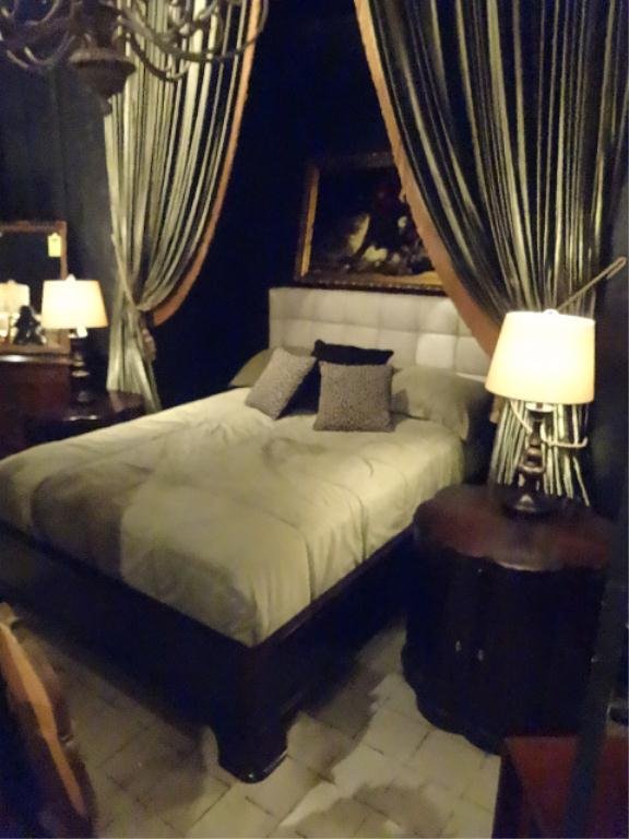 GORGEOUS BERNHARDT QUEEN BEDROOM, WILSHIRE BOULEVARD: GORGEOUS BERNHARDT QUEEN BEDROOM, WILSHIRE BOULEVARD COLLECTION, INCLUDES IVORY LEATHER WRAPPED HEADBOARD, FOOTBOARD, RAILS, SLATS, 2 DRUM STYLE NIGHTSTANDS, AND DRESSER, DARK FINISH, NICKEL FINISH ST