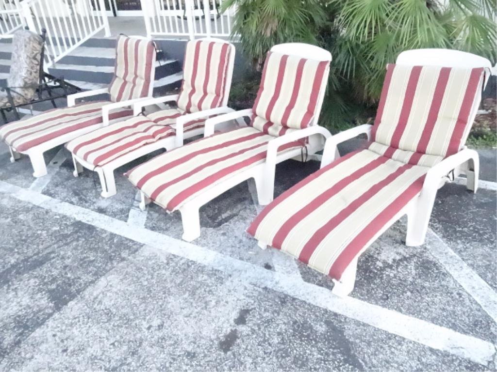 4 PATIO CHAISES, MOULDED PLASTIC, STRIPED CUSHIONS,: 4 PATIO CHAISES, MOULDED PLASTIC, STRIPED CUSHIONS, SKU815.14