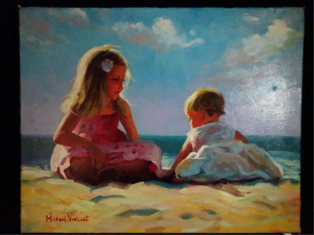 MICHAEL VINCENT OIL PAINTING ON CANVAS, TENDER HEARTS,: MICHAEL VINCENT OIL PAINTING ON CANVAS, TENDER HEARTS, SMALL HOLE IN CANVAS UPPER RIGHT, APPROX 16" X 20" FRAMED