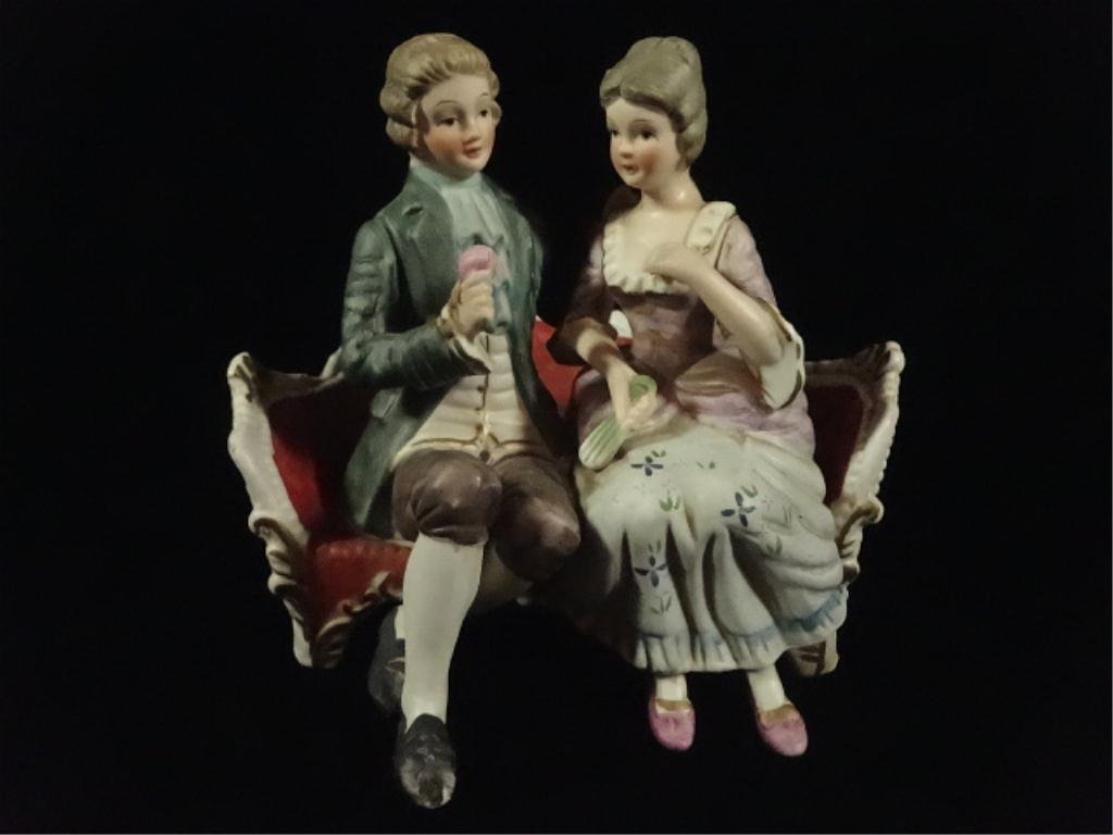 CAPODIMONTE PORCELAIN FIGURINE, MAN & WOMAN SEATED ON: CAPODIMONTE PORCELAIN FIGURINE, MAN & WOMAN SEATED ON SOFA, MARKED, APPROX 5.75"H, SKU790.05