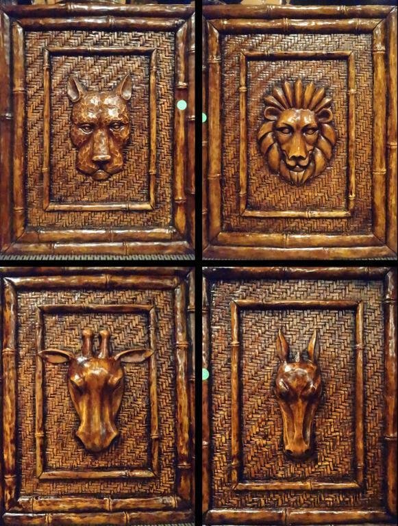 4 PC SET CERAMIC SAFARI WALL PLAQUES, LION, TIGER,: 4 PC SET CERAMIC SAFARI WALL PLAQUES, LION, TIGER, GAZELLE, AND GIRAFFE, BAMBOO AND RATTAN DESIGN, APPROX 15"H, SKU815.14
