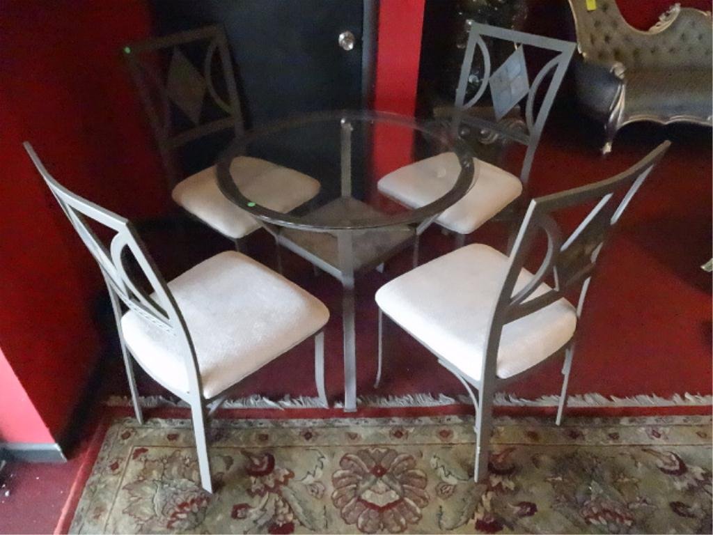 SLATE TILE AND METAL DINING TABLE, GLASS TOP. 4 CHAIRS,: SLATE TILE AND METAL DINING TABLE, GLASS TOP. 4 CHAIRS, EXCELLENT CONDITION