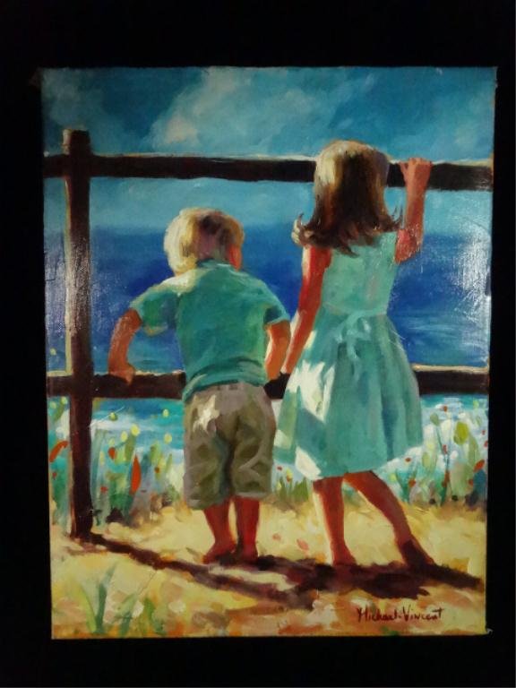 MICHAEL VINCENT OIL PAINTING ON CANVAS, "HANGING OUT -: MICHAEL VINCENT OIL PAINTING ON CANVAS, "HANGING OUT - VARIATION", SIGNED LOWER RIGHT, CIRCA 2011, APPROX 18" X 14" GALLERY WRAPPED, SKU855.01