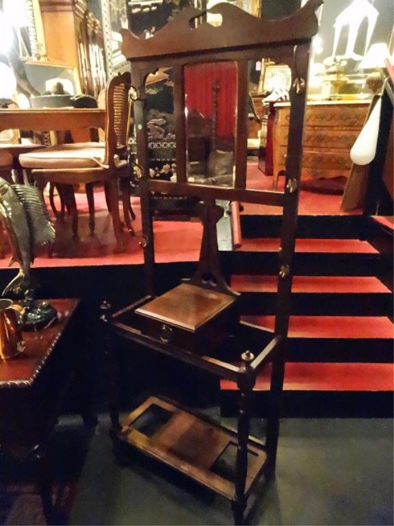 ANTIQUE WOOD HALL TREE WITH MIRROR, CENTER DRAWER: ANTIQUE WOOD HALL TREE WITH MIRROR, CENTER DRAWER FLANKED BY 2 UMBRELLA STANDS, UPPER PORTION HOLDS COAT RACKS, APPROX 6.5' X 3'