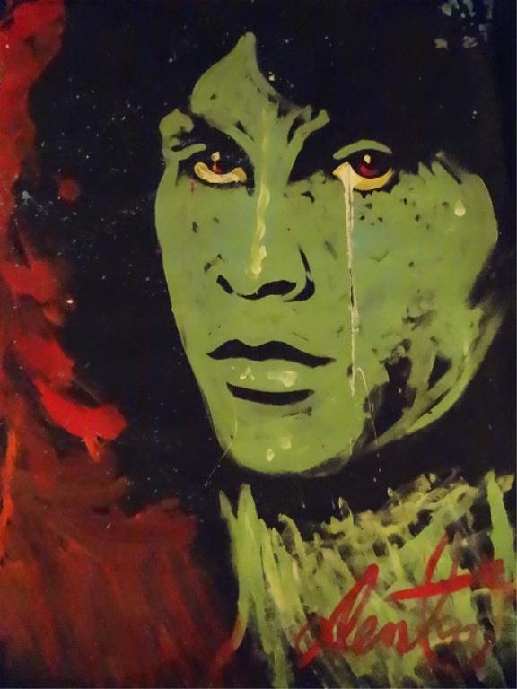 LARGE DENNY DENT ACRYLIC PAINTING ON PAPER, JIM: LARGE DENNY DENT ACRYLIC PAINTING ON PAPER, JIM MORRISON PORTRAIT IN GREEN #1 OF FOUR SIMILAR IN THIS AUCTION, SIGNED DENT AND DATED '93 LOWER RIGHT, UNFRAMED ON ROLLED PAPER, APPROX 1.5" - 2" REPAIR